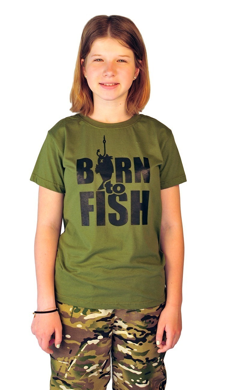 Футболка детская "Born to fish" цв.хаки